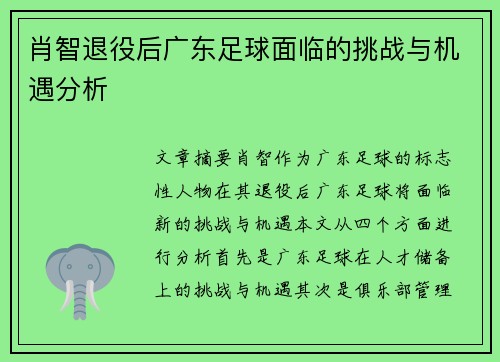 肖智退役后广东足球面临的挑战与机遇分析