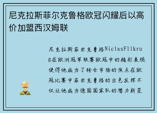 尼克拉斯菲尔克鲁格欧冠闪耀后以高价加盟西汉姆联
